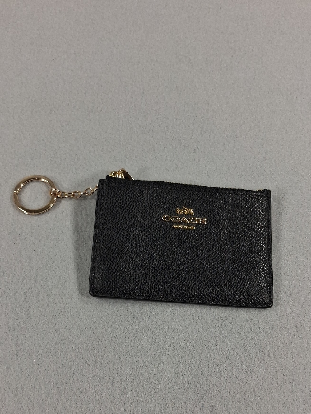 Coach Black Leather Zip Card Holder with Gold Keyring